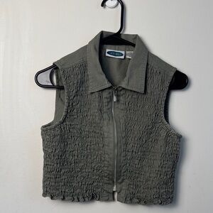 Smocked Zip-Front Sleeveless Vest - Olive